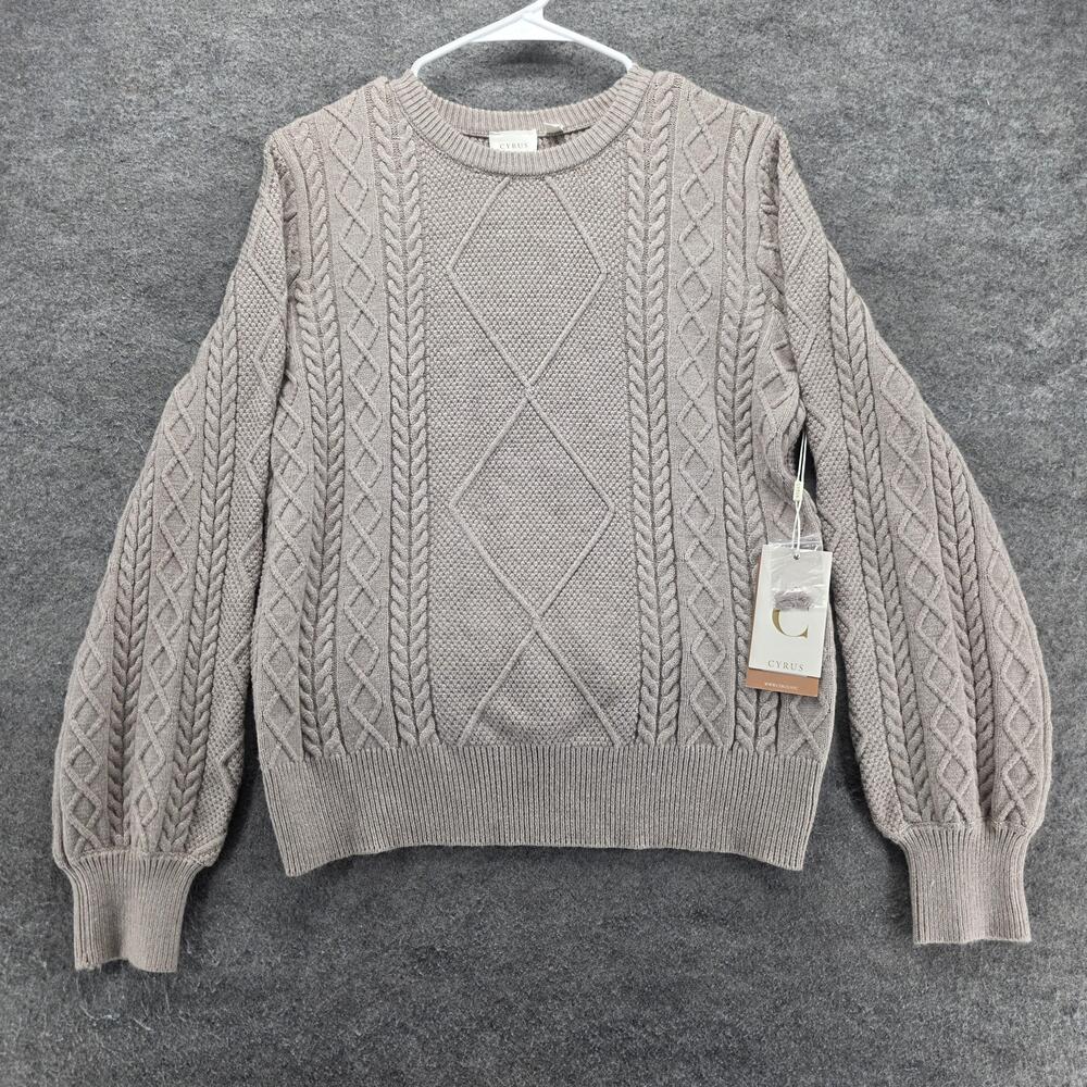CYRUS Sweater Pullover Womens M Beige Cable-Knit Balloon Sleeve Heavyweight